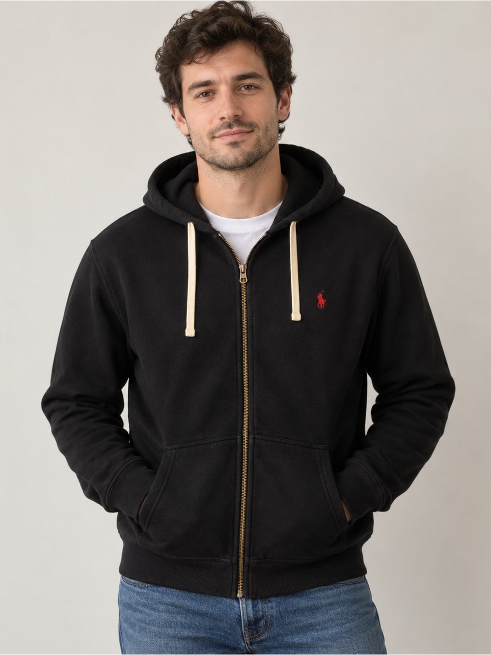 Polo Ralph Lauren Men’s XL Black Full Zip Hoodie Red Pony Logo Cotton Blend